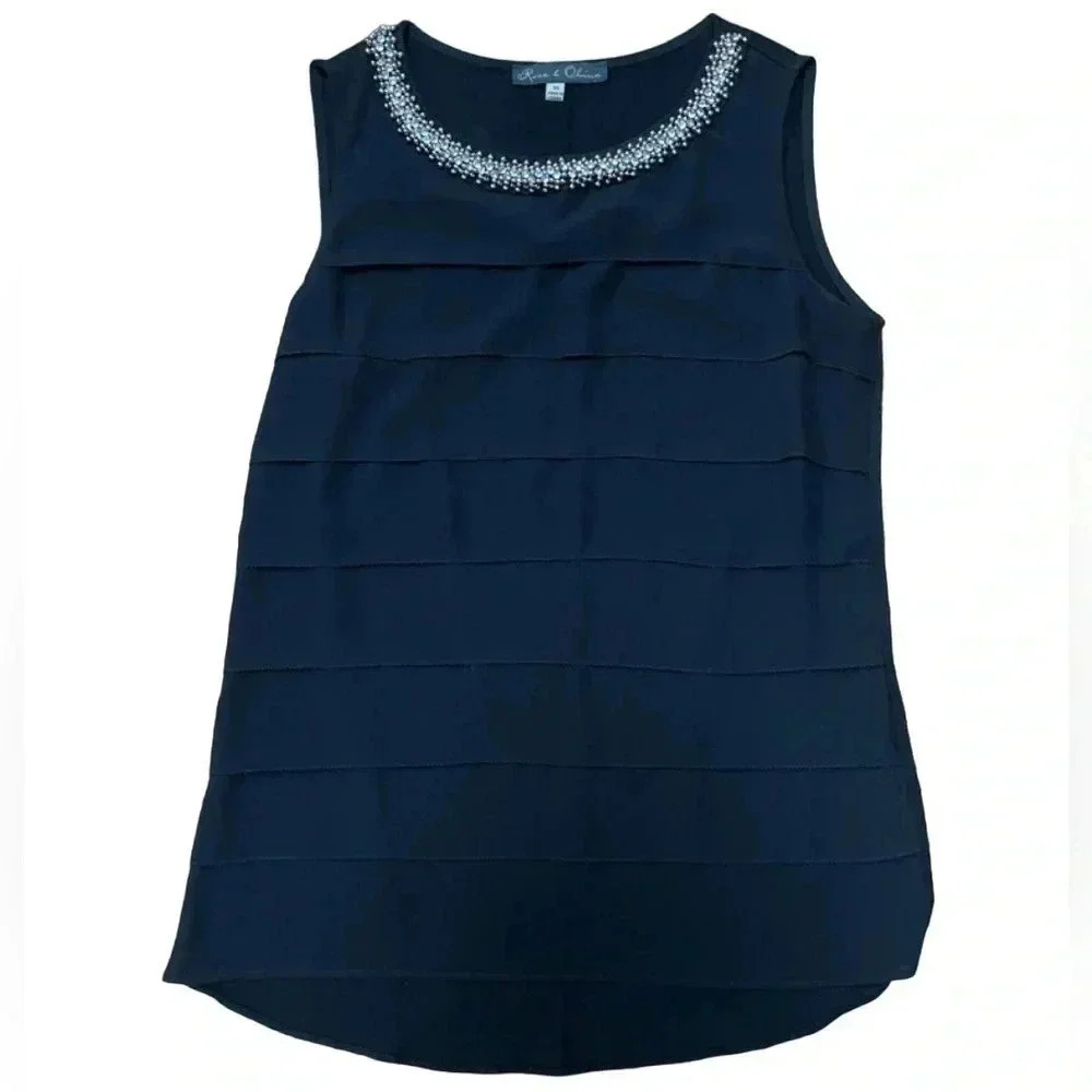 Rose & Olive Tiered Tank Top Size XS Beaded Neckline Mixed Media Black